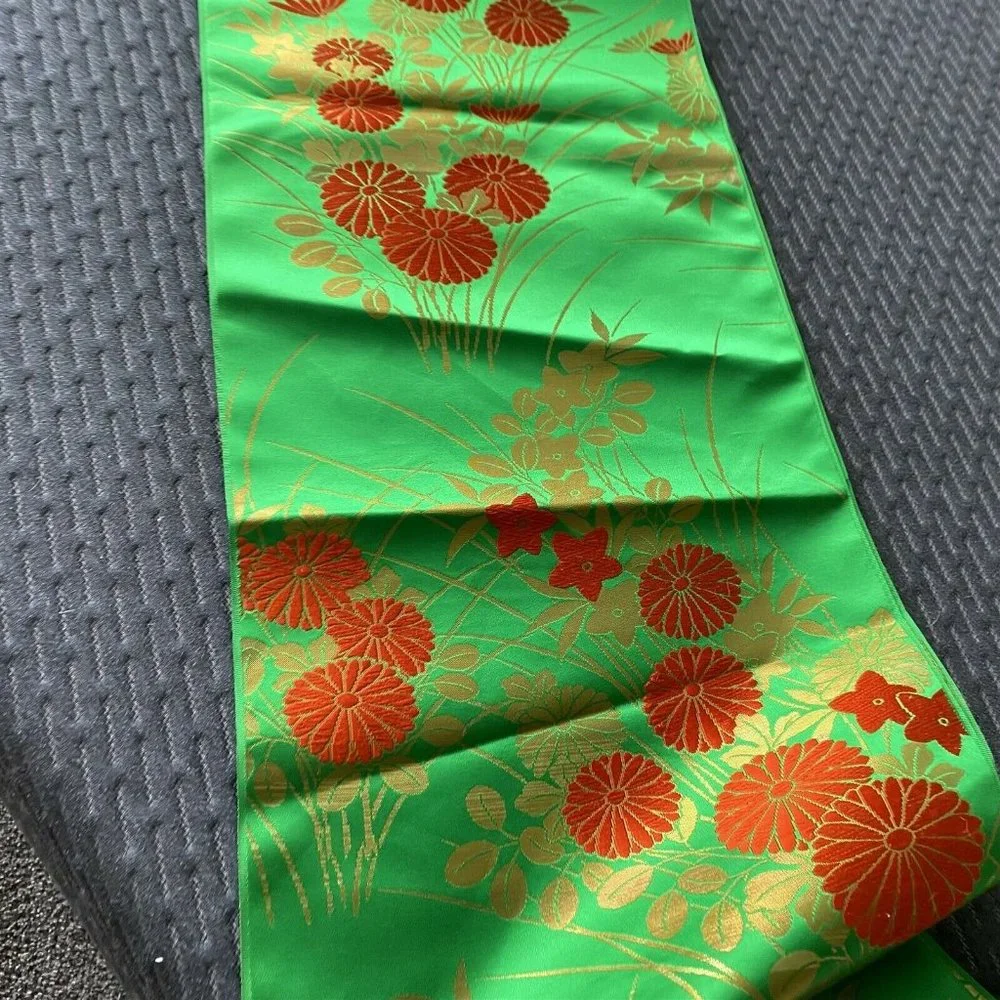 Vintage long Table Runner Oriental Satin Green Orange Floral 14 x 156